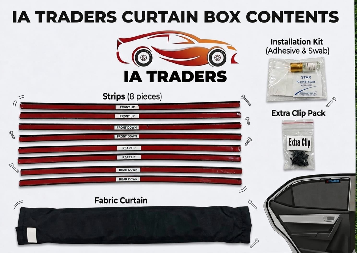 Railing curtain box contents with strips and fabric curtain