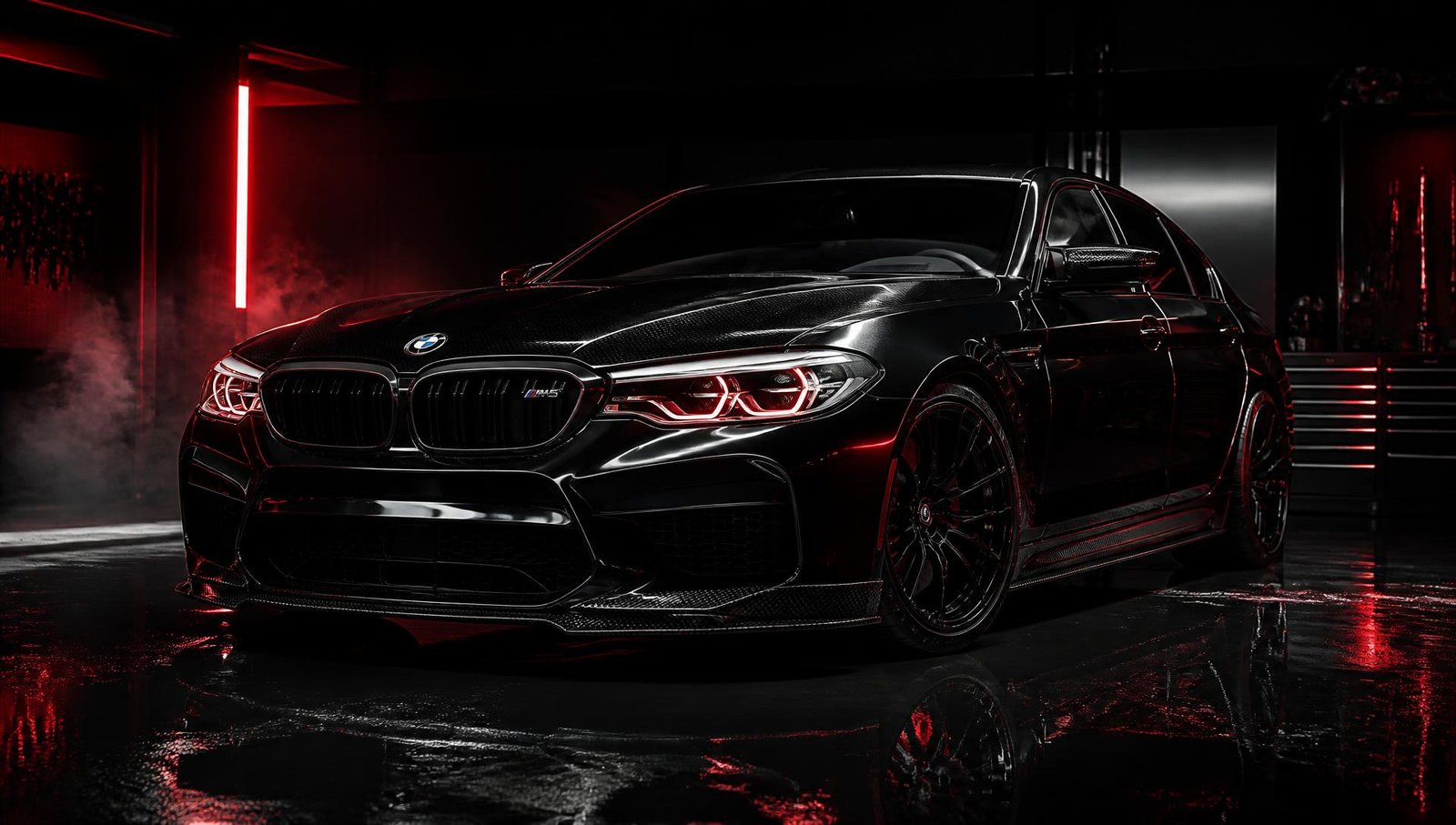 Cinematic luxury car in a dark detailing studio